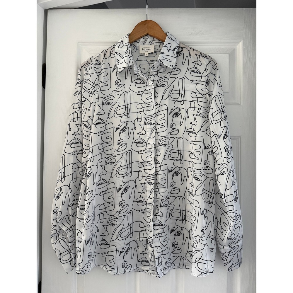 Bohme Womens Abstract Face Button Down Blouse Satin Shirt Neutral Artsy
